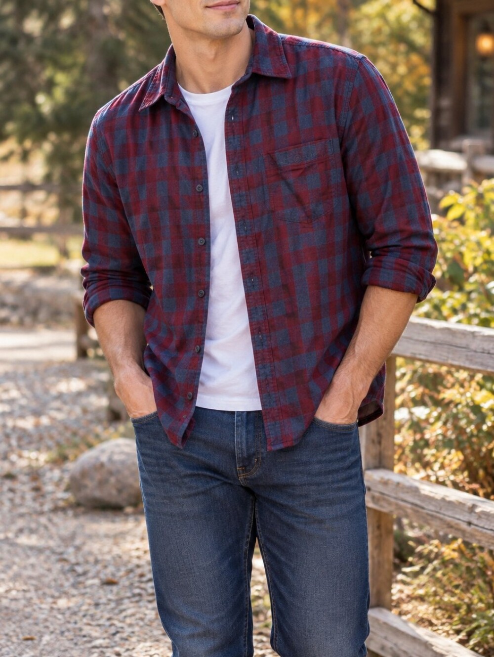 American Eagle 100% Cotton Burgundy Navy Plaid Button Down Flannel Shirt Casual